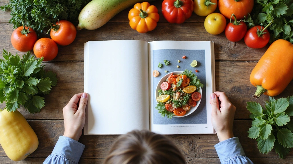Eine Person liest ein Buch über gesunde Ernährung, umgeben von frischem Obst und Gemüse.