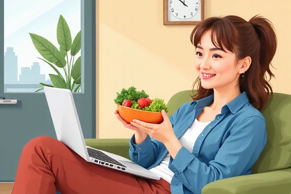 Illustration einer Person, die vor einem Laptop sitzt und eine gesunde Mahlzeit genießt, symbolisiert Online-Ernährungsberatung und Wohlbefinden.