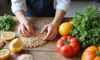 Bild eines Ernährungsberaters, der frische, gesunde Lebensmittel analysiert.